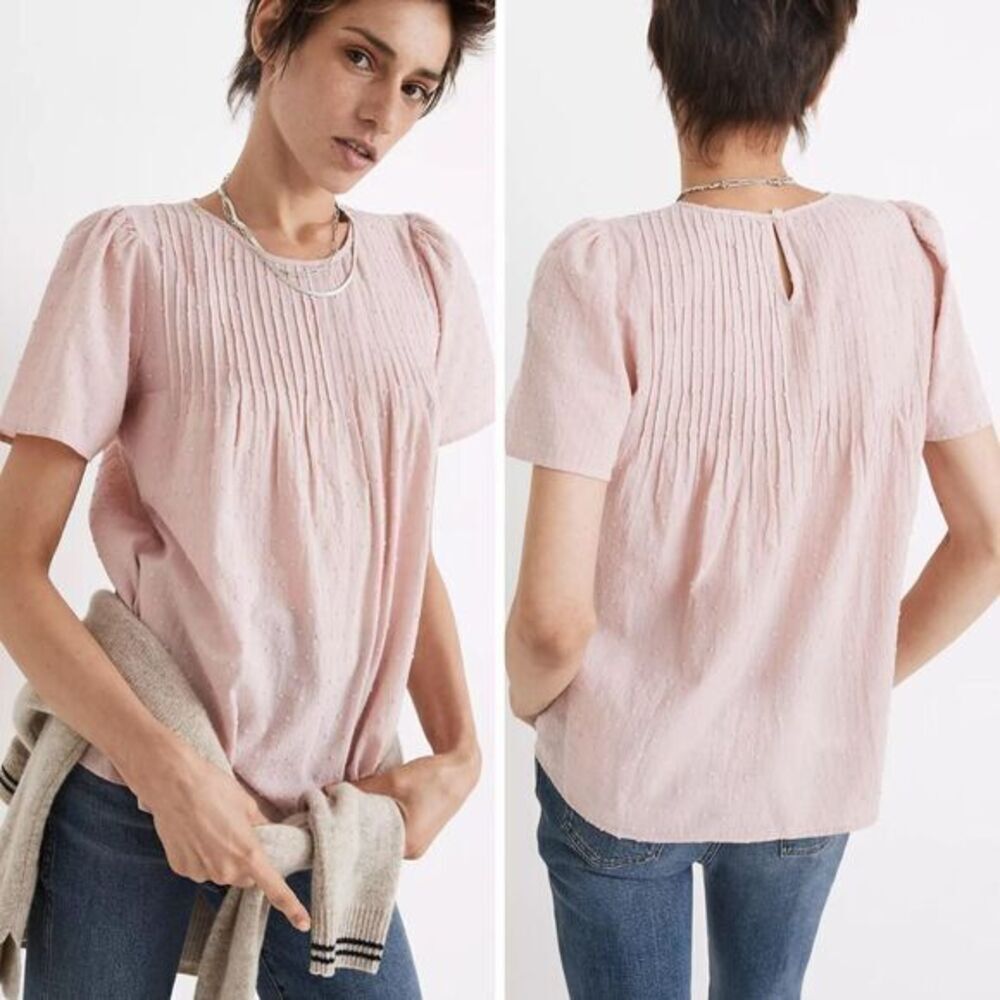 NEW Madewell Short-Sleeve  Pintuck Top in Swiss‎ Dot, XS